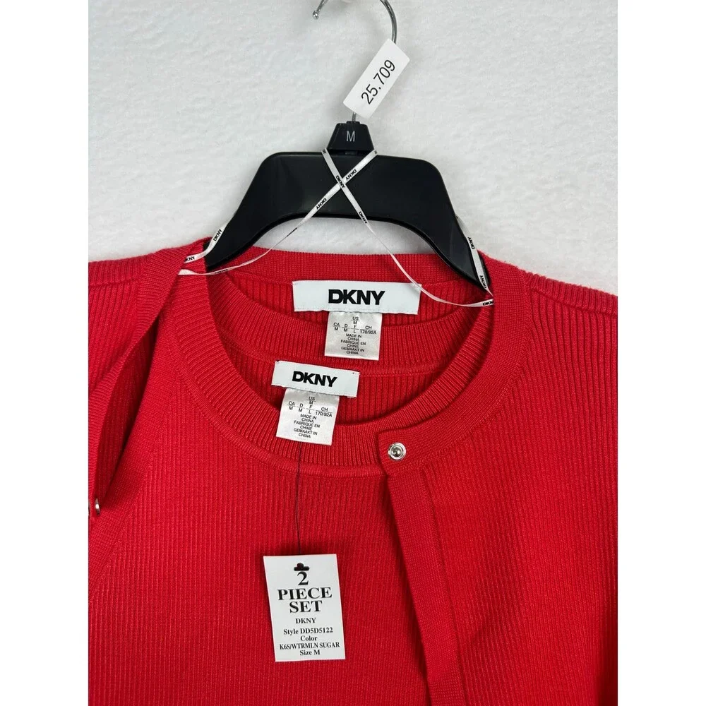 DKNY Cardigan Dress Medium 2-Piece Set Sheath Sleeveless Watermelon Pink NWT 169